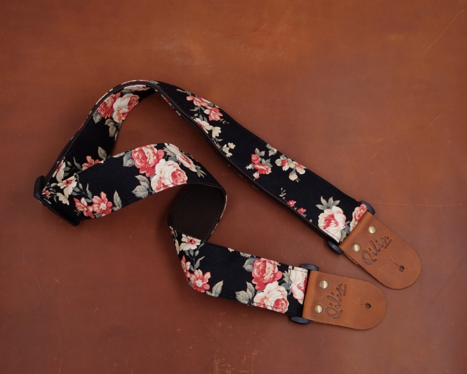 Black Fabric Flower Guitar Strap Etsy