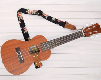Black Fabric Flower Ukulele Strap 3in1