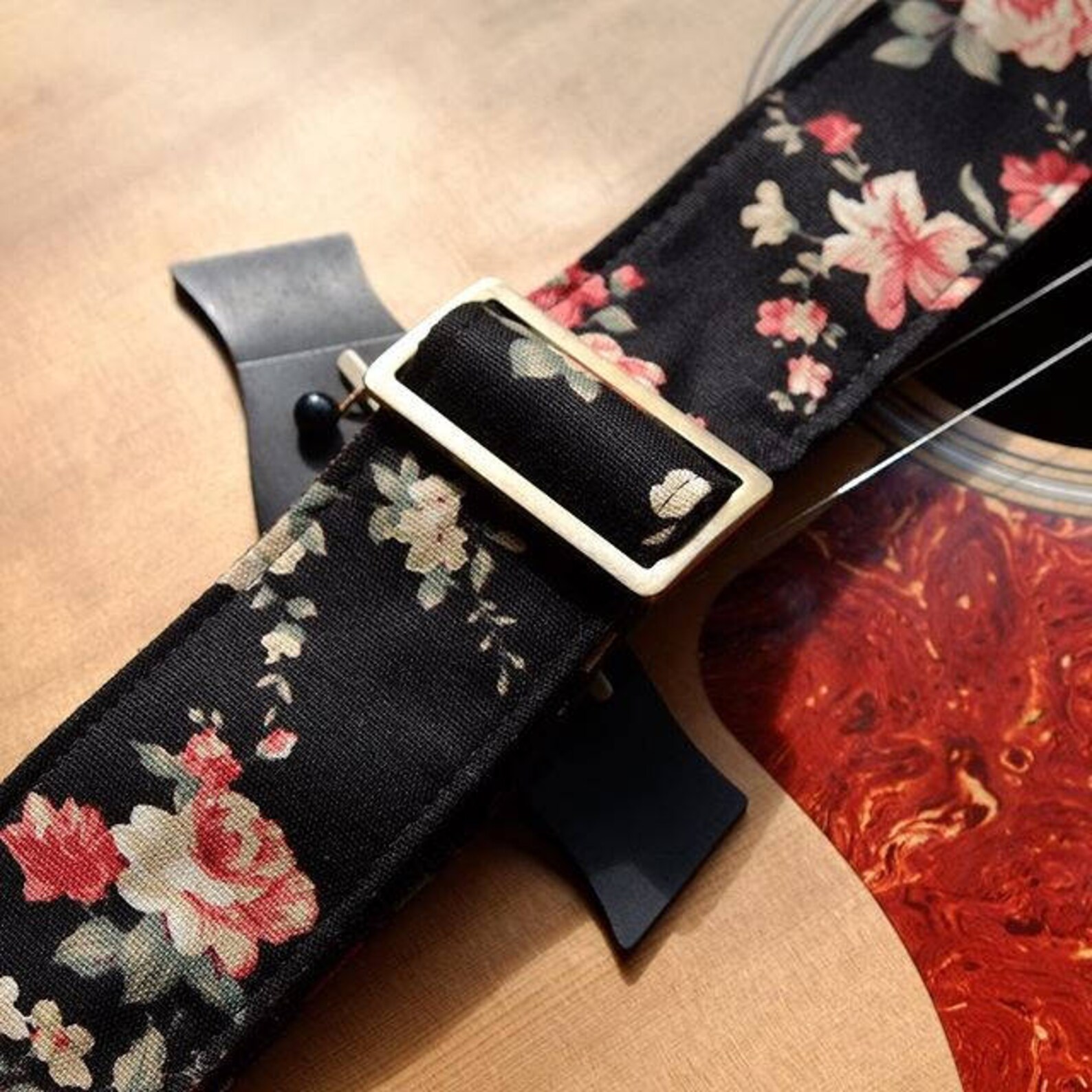 Black Fabric Flower Guitar Strap Etsy