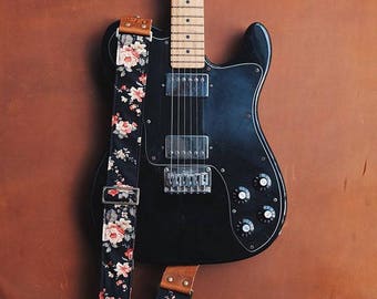 Black Fabric Flower Guitar Strap