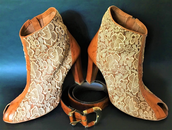 EVADO italy Tan Leather Cream Guipure Lace Ankle Boots Size 41EU 10AU Etsy