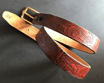 Unisex Hand Tooled Brown Leather Belt 91.5cm/36