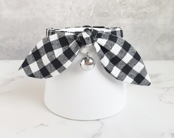 Black and White Buffalo Plaid Cat Collar with Bow - Soft Fabric Cat and Kitten Collar with Bell - Cute Cat Collar