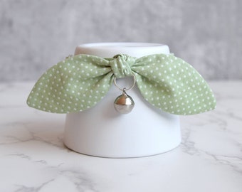 Light Green Polka Dot Bow Cat Collar with Removable Silver Bell - Spring Cat and Kitten Collar with Breakaway Buckle