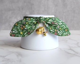 Cute Cat Collar with Bee Charm - Green Floral Cat and Kitten Collar with Bow and Bell - Fancy Summer Cat Collar for Pet Photography