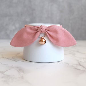 Dusty Pink Cat Collar with Rose Gold Bell - Handmade Fabric Cat and Kitten Collar with Bow - Fancy Cat Collar with Breakaway Buckle
