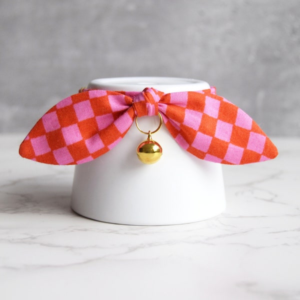 Red and Pink Checks Summer Cat Collar with Gold Bell and Safety Breakaway Buckle - Cute Valentines Day Pet Photo Prop - Soft Kitten Collar