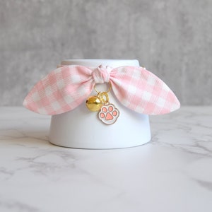 Pink Plaid Cat and Kitten Collar with Cat Paw Charm - Kawaii Girl Cat Collar with Bow and Bell - Birthday Gift for Pets