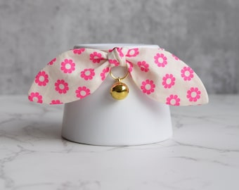 Neon Pink Floral Print Cat Collar with Bow and Bell - Fancy Cat and Kitten Collar with Breakaway Buckle - Aesthetic Cat Collar