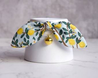 Blue Lemon Grove Summer Cat Collar - Cute Breakaway Cat and Kitten Collar with Gold Bell and Bunny Ear Bow