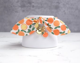 Orange and Tangerine Print Cute Cat Collar with Orange Charm - Fruit Themed Breakaway Cat Collar with Bow and Bell