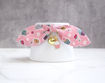 Pink Cat Collar with Cupcakes Print and Muffin Charm - Cute Cat Collar with Bow and Detachable Bell