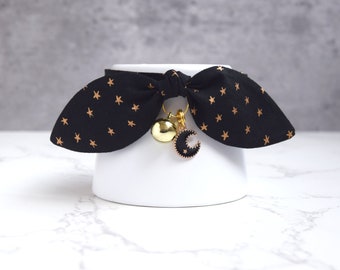 Black Breakaway Cat Collar with Gold Star Print and Black Moon Charm - Cute Halloween Cat and Kitten Collar with Bow and Bell