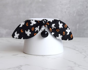 Halloween Black Cat Collar with Ghost and Pumpkin Print - Cute Spooky Breakaway Cat and Kitten Collar with Black Bell and Bow