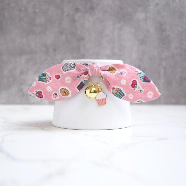 Pink Cat Collar with Cupcakes Print and Muffin Charm - Cute Cat Collar with Bow and Detachable Bell