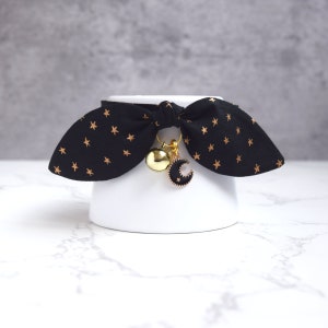 Black Breakaway Cat Collar with Gold Star Print and Black Moon Charm - Cute Halloween Cat and Kitten Collar with Bow and Bell