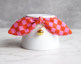 Red and Pink Checks Summer Cat Collar with Gold Bell and Safety Breakaway Buckle - Cute Valentines Day Pet Photo Prop - Soft Kitten Collar