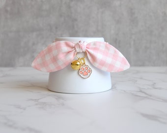 Pink Plaid Cat and Kitten Collar with Cat Paw Charm - Kawaii Girl Cat Collar with Bow and Bell - Birthday Gift for Pets