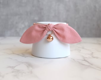 Dusty Pink Cat Collar with Rose Gold Bell - Handmade Fabric Cat and Kitten Collar with Bow - Fancy Cat Collar with Breakaway Buckle