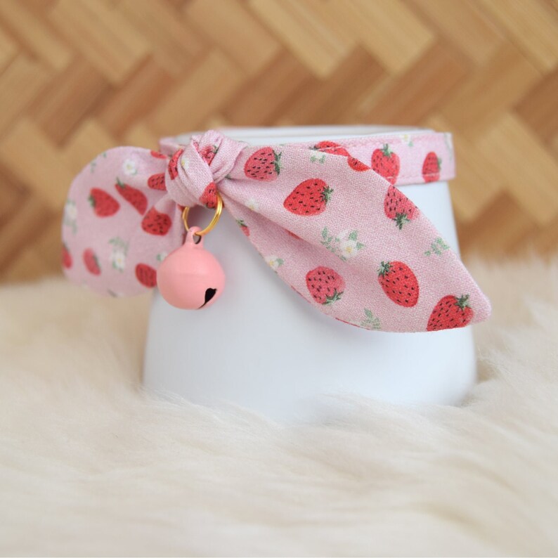 Pink Strawberry Cat Breakaway Collar With Bow and Bell Etsy