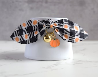 Black and White Buffalo Plaid Cat Collar with Pumpkin Charm - Breakaway Cat Collar for Thanksgiving and Fall Season
