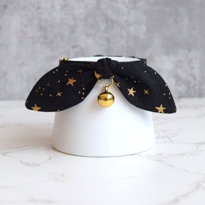 Black Breakaway Cat Collar with Gold Star Print - Cute Halloween Cat and Kitten Collar with Bow and Bell