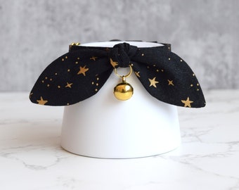 Black Breakaway Cat Collar with Gold Star Print - Cute Halloween Cat and Kitten Collar with Bow and Bell