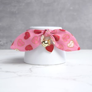 Pink Conversation Heart Valentine's Day Cat Collar with Red Heart Charm - Bow Cat Collar with Detachable Bell - Gift for Cat Lovers