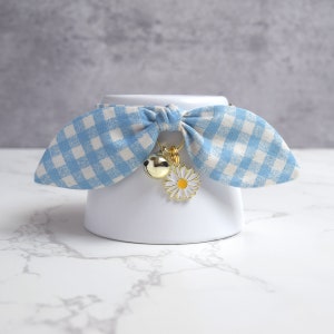 Blue Gingham Plaid Cat Collar with Bell and Daisy Charm - Soft Cotton Spring Breakaway Cat Collar with Bunny Ear Bow - New Cat Gift