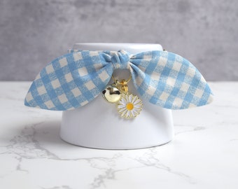 Blue Gingham Plaid Cat Collar with Bell and Daisy Charm - Soft Cotton Spring Breakaway Cat Collar with Bunny Ear Bow - New Cat Gift