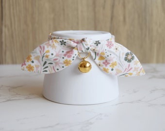 Spring Floral Soft Cat and Kitten Collar with Bow - Cotton Fabric Cat Collar with Gold Bell - Breakaway Cat Collar