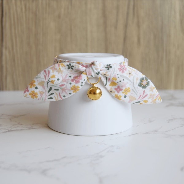 Spring Floral Soft Cat and Kitten Collar with Bow - Cotton Fabric Cat Collar with Gold Bell - Breakaway Cat Collar