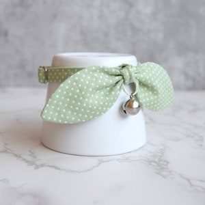 Light Green Polka Dot Bow Cat Collar with Removable Silver Bell Spring Cat and Kitten Collar with Breakaway Buckle image 2