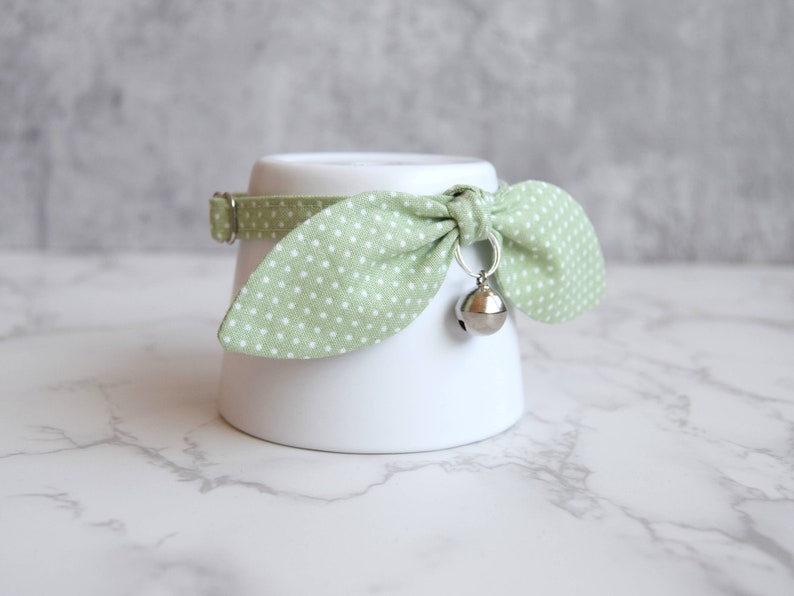 Light Green Polka Dot Bow Cat Collar with Removable Silver Bell Spring Cat and Kitten Collar with Breakaway Buckle image 2