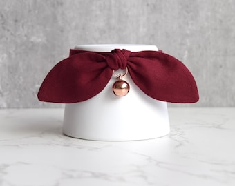 Burgundy Fancy Cat Collar with Rose Gold Bell - Luxury Breakaway Collar with Bow for Cats and Kittens - New Cat Gift