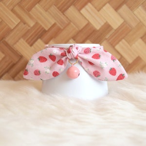 Pink Strawberry Cat Breakaway Collar with Bow and Bell - Cotton Soft Kitten and Cat Collar - Fancy Cat Collar