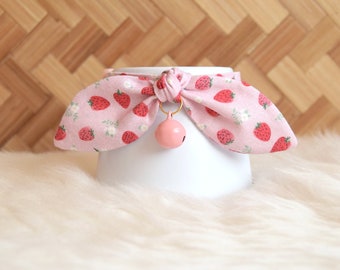 Pink Strawberry Cat Breakaway Collar with Bow and Bell - Cotton Soft Kitten and Cat Collar - Fancy Cat Collar