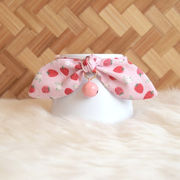 Pink Strawberry Cat Breakaway Collar with Bow and Bell - Cotton Soft Kitten and Cat Collar - Fancy Cat Collar