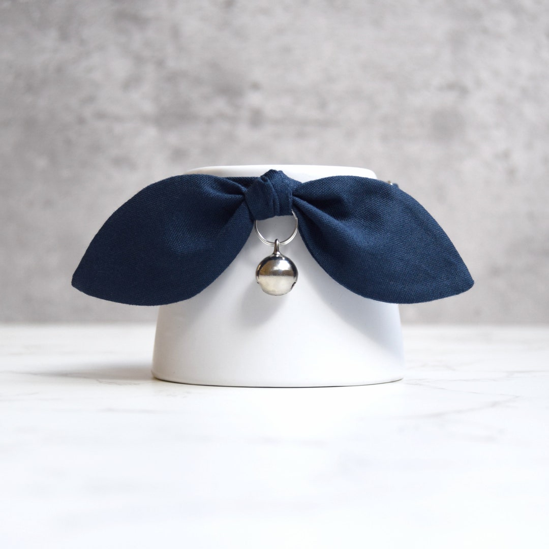 Navy Blue Bow Cat Collar With Silver Bell Fancy Cat Collar for Pet