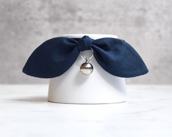 Navy Blue Bow Cat Collar with Silver Bell - Fancy Cat Collar for Pet Phototgraphy and Special Occasions - Gift for Cat Lovers