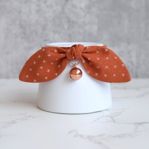 Fall Burnt Orange Cat and Kitten Collar with Bow and Bell - Fancy Cat Collar with Breakaway Buckle and Rose Gold Bell