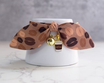 Coffee Bean Fall Cat Collar with Charm - Soft Breakaway Cat Collar with Bow and Bell - Gift for Cat Lovers