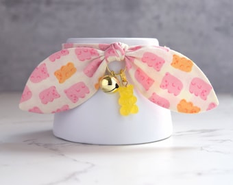 Pink Cute Cat Collar with Yellow Gummy Bear Charm - Kawaii Pink Teddy Bear Print Breakaway Cat Collar with Bow and Bell