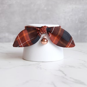 Fall Dark Orange Brown Plaid Cat Collar with Bow and Rose Gold Bell - Soft Autumn Kitten and Cat Collar with Breakaway Buckle