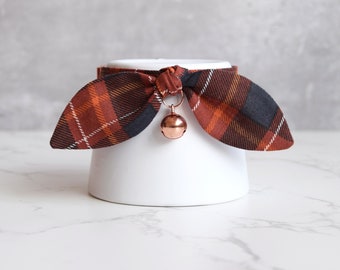 Fall Dark Orange Brown Plaid Cat Collar with Bow and Rose Gold Bell - Soft Autumn Kitten and Cat Collar with Breakaway Buckle