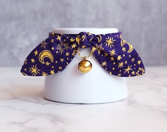 Purple Moon and Star Print Cat Breakaway Collar with Bow and Bell - Dark Purple Witchy Cat and Kitten Collar for Halloween Pet Photography