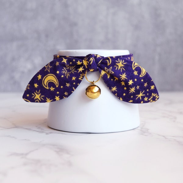 Purple Moon and Star Print Cat Breakaway Collar with Bow and Bell - Dark Purple Witchy Cat and Kitten Collar for Halloween Pet Photography