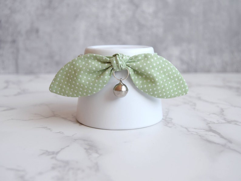 Light Green Polka Dot Bow Cat Collar with Removable Silver Bell Spring Cat and Kitten Collar with Breakaway Buckle image 1