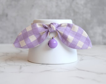 Lavender Plaid Cat Collar with Purple Bell and Bow - Cute Lilac Aesthetic Cat Collar available in Adult Cat and Kitten Sizes