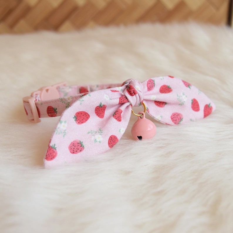 Pink Strawberry Cat Breakaway Collar With Bow and Bell Etsy